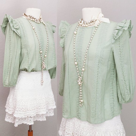 Very J Tops - Sage Green 100% Cotton Eyelet Ruffle Blouse Top